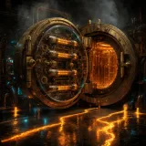 A colossal brass vault door hanging wide open in a fog-filled steampunk foundry, its heavy tumblers cast in glass so every glowing neon-amber pin inside is plainly visible from the outside, copper conduits pouring molten light onto the floor