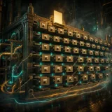 A towering brass card-catalog wall where dropping a single glowing card into the top slot forces every drawer to slide one position sideways, brass pointer arms swinging to indexes that no longer match, dark steampunk archive lit by neon amber and teal filaments in drifting fog