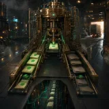 A brass sorting machine stamping documents into two chutes, one sealed with glowing green wax and one dark and unstamped, while a hidden conveyor beneath the floor carries the unstamped documents straight out to a lit loading dock, dark steampunk interior with neon teal filaments and drifting fog