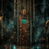 A colossal brass typesetting frame in a fog-filled steampunk hall, a ghostly translucent neon-teal slug of placeholder metal type holding open an exact gap in a tall column of copper letterforms, a heavier brass replacement letter suspended on chains directly above it, the entire column below poised to lurch downward