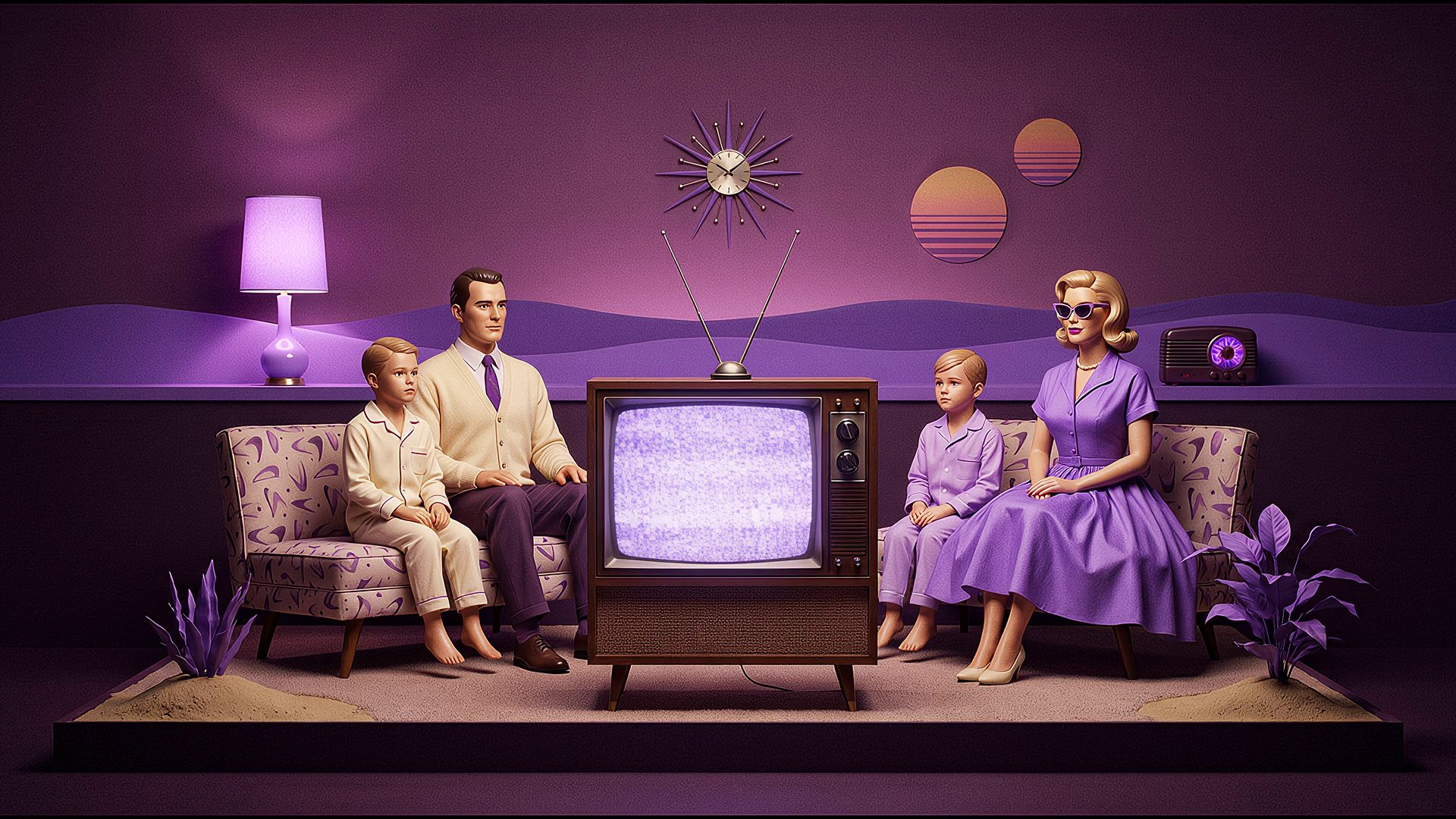 A 1950s family of four on a boomerang-print sofa, staring at a console television that shows only static, lit by its purple glow